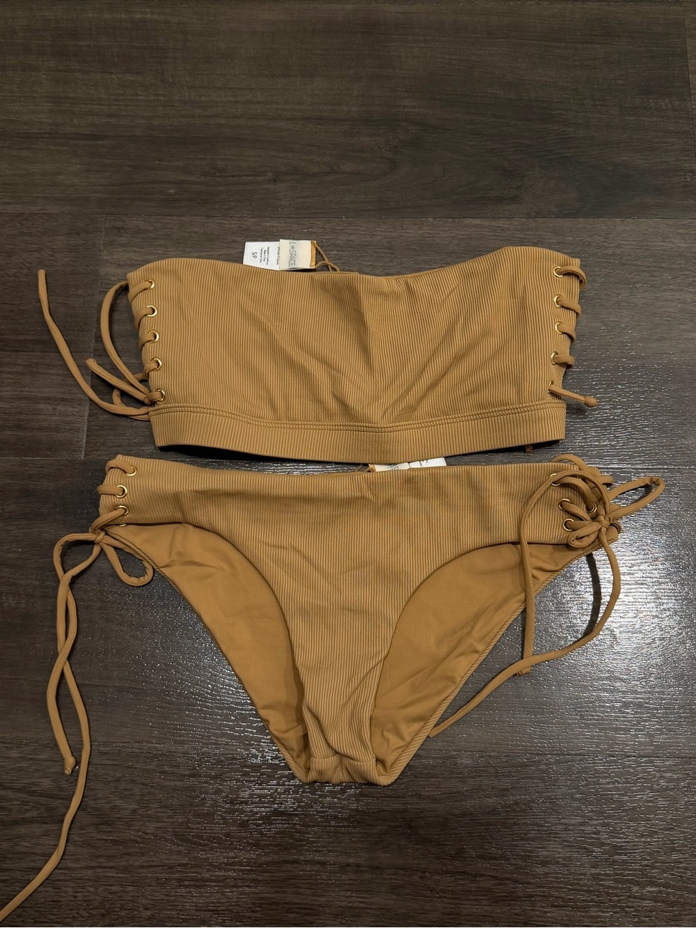 l*space Ribbed Lace-Up Bandeau Bikini in Camel Brown